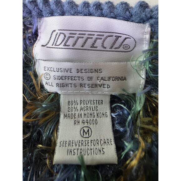 Vintage SIDE EFFECTS Blue Green Fuzzy Open Front Shaggy Cardigan SZ M - Picture 5 of 8